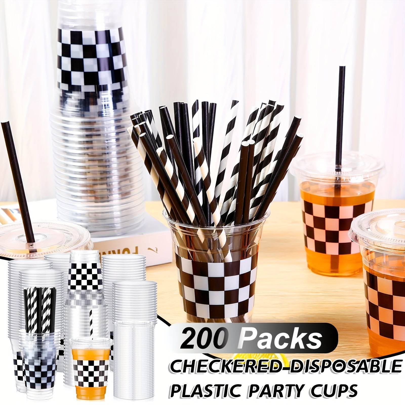 Disposable Plastic Cups with Lids and Paper Straws - 12 oz Clear Checkered Flag Print Party Supplies - ZOOMNSTORE