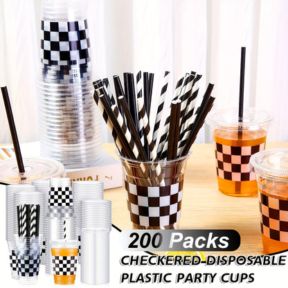 Disposable Plastic Cups with Lids and Paper Straws - 12 oz Clear Checkered Flag Print Party Supplies - ZOOMNSTORE