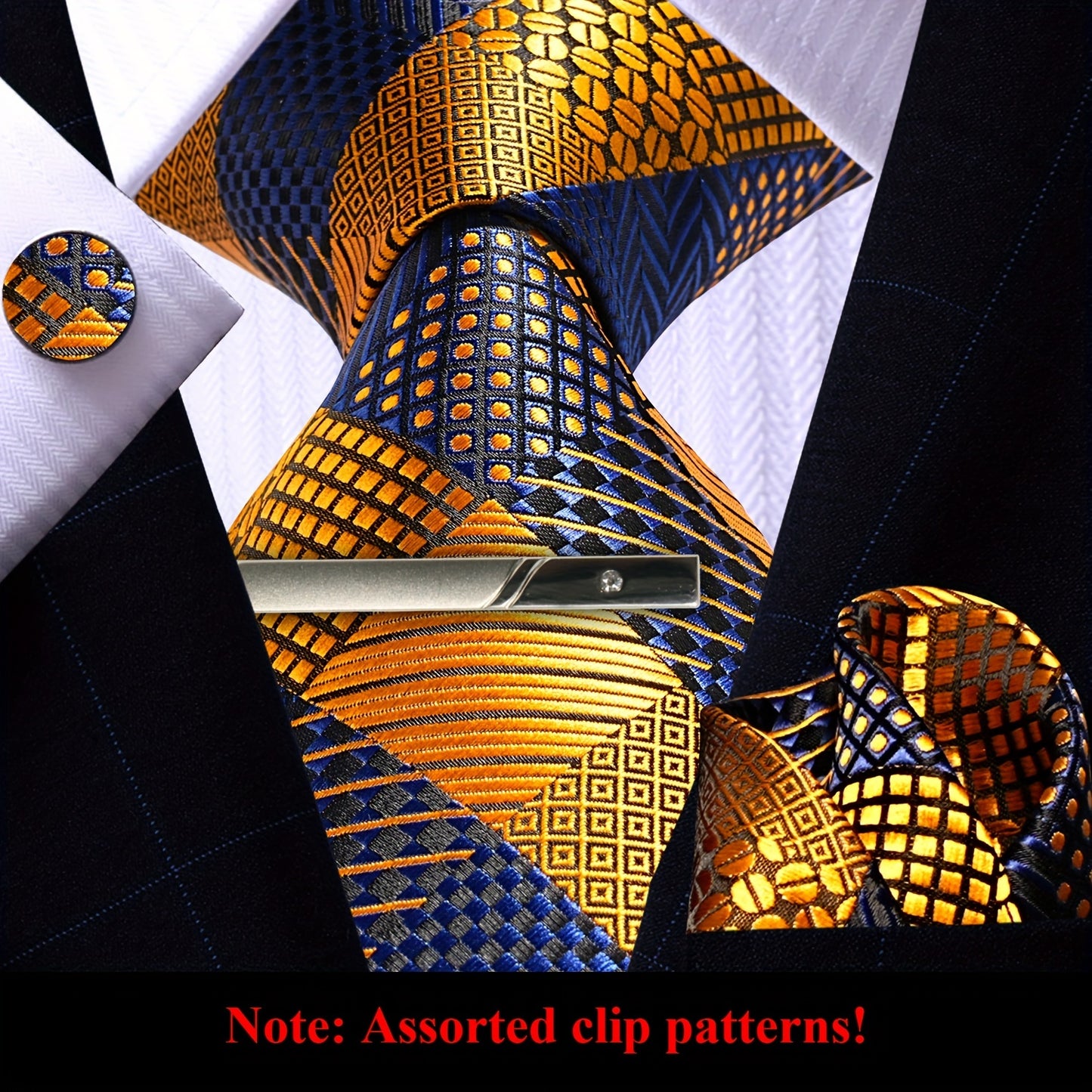 Mens Golden Plaid Tie Set - 4PCS Necktie Pocket Square Cufflinks for Weddings  Business - ZOOMNSTORE