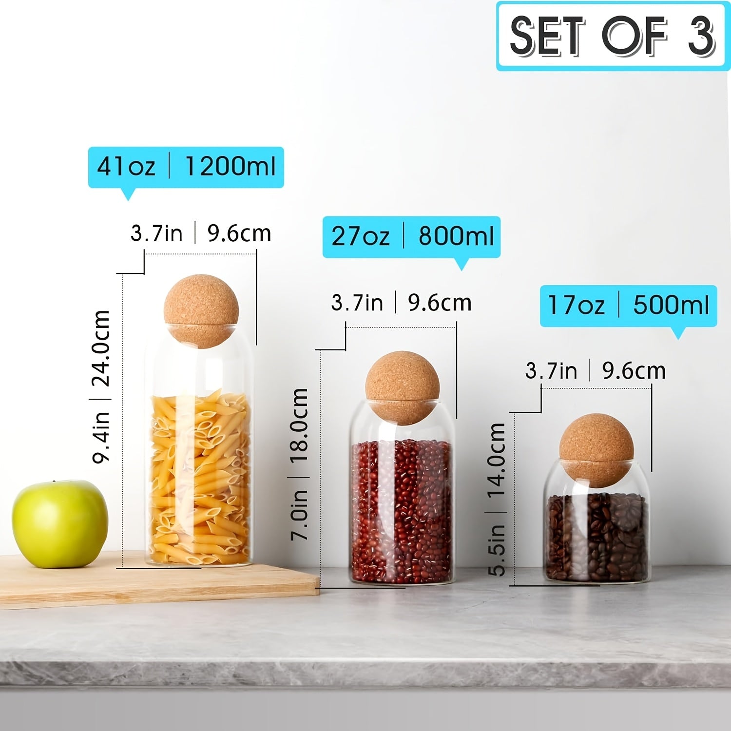 Airtight Glass Storage Jar Set - 3pcs Cork Lid Canisters for Food Coffee Tea Spices - ZOOMNSTORE