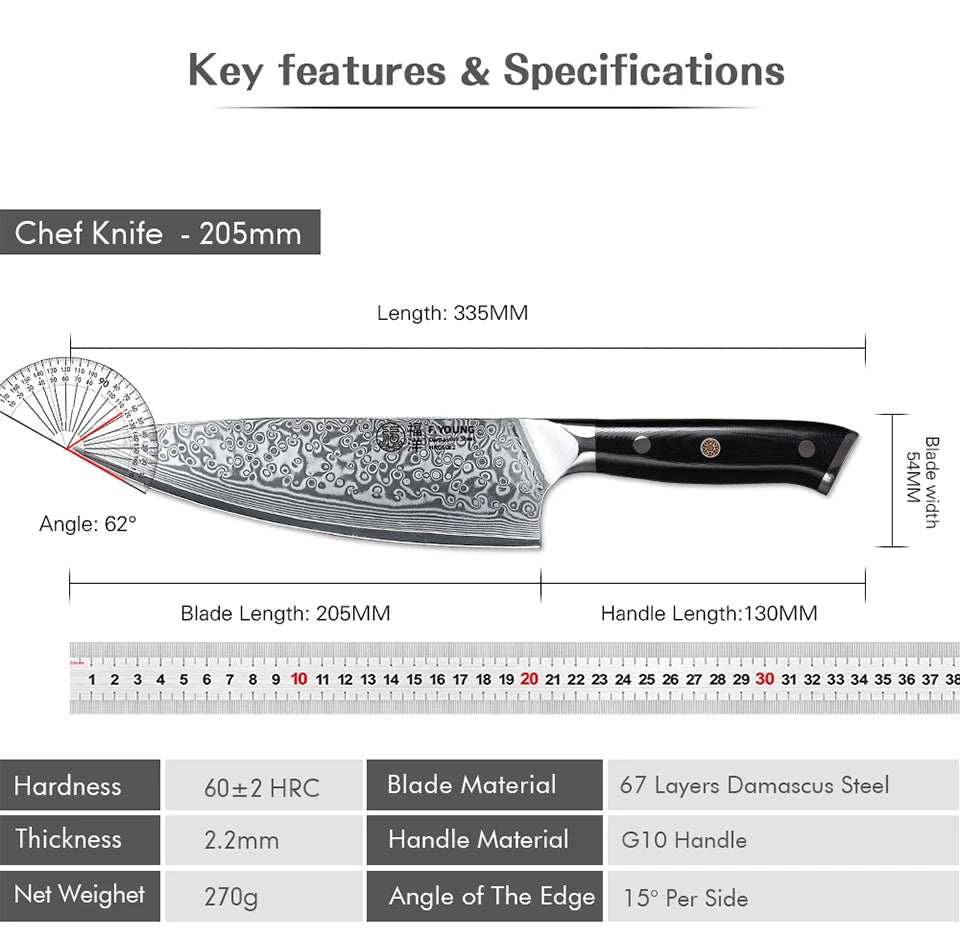 FYOUNG 8-Inch Damascus Chefs Knife - VG10 Super Sharp Kitchen Knife - ZOOMNSTORE