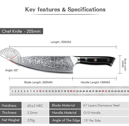 FYOUNG 8-Inch Damascus Chefs Knife - VG10 Super Sharp Kitchen Knife - ZOOMNSTORE