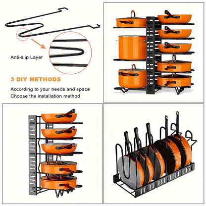 8-Tier Metal Pot Rack Organizer - Space-Saving Holder for Pots Pans and Lids - ZOOMNSTORE