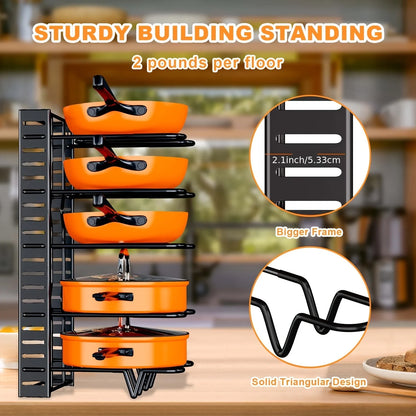 8-Tier Metal Pot Rack Organizer - Space-Saving Holder for Pots Pans and Lids - ZOOMNSTORE