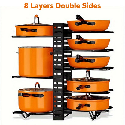 8-Tier Metal Pot Rack Organizer - Space-Saving Holder for Pots Pans and Lids - ZOOMNSTORE
