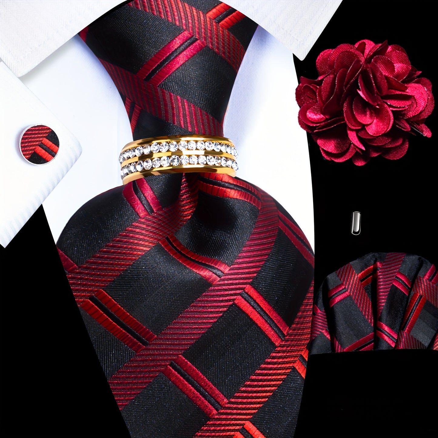 Mens Luxury Tie Set - Elegant 5PCS with Pocket Square Cufflinks Tie Ring Lapel Pin - ZOOMNSTORE