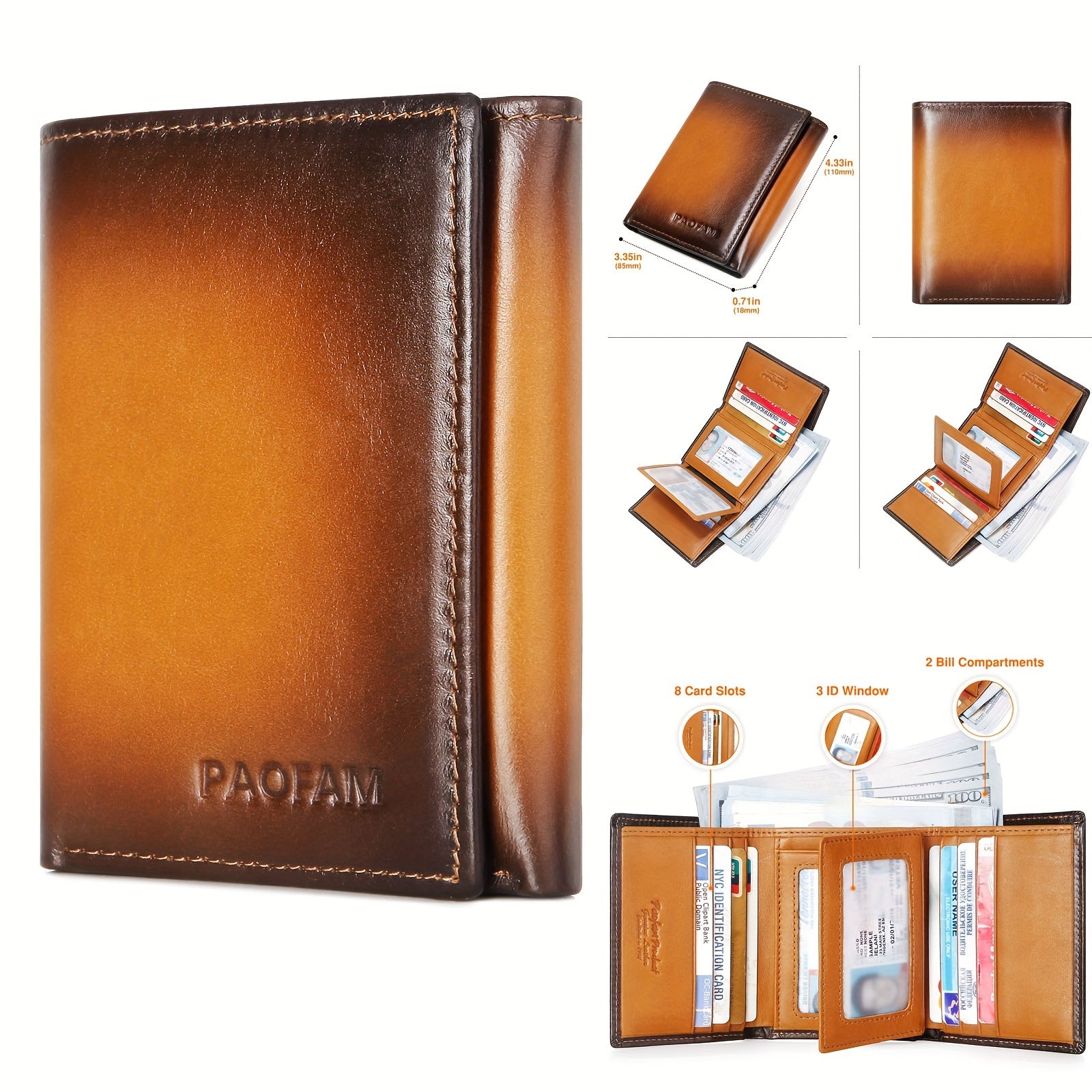 Slim RFID Blocking Leather Wallet for Men - 8 Card Slots 3 ID Windows 2 Bill Compartments - ZOOMNSTORE