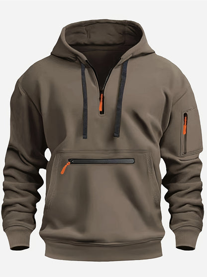 Men's Solid ColorHalf-Zip Design Long Sleeve Casual Hooded Sweatshirt With Kangaroo Pocket For Fall/Winter Casual Daily Wear - ZOOMNSTORE