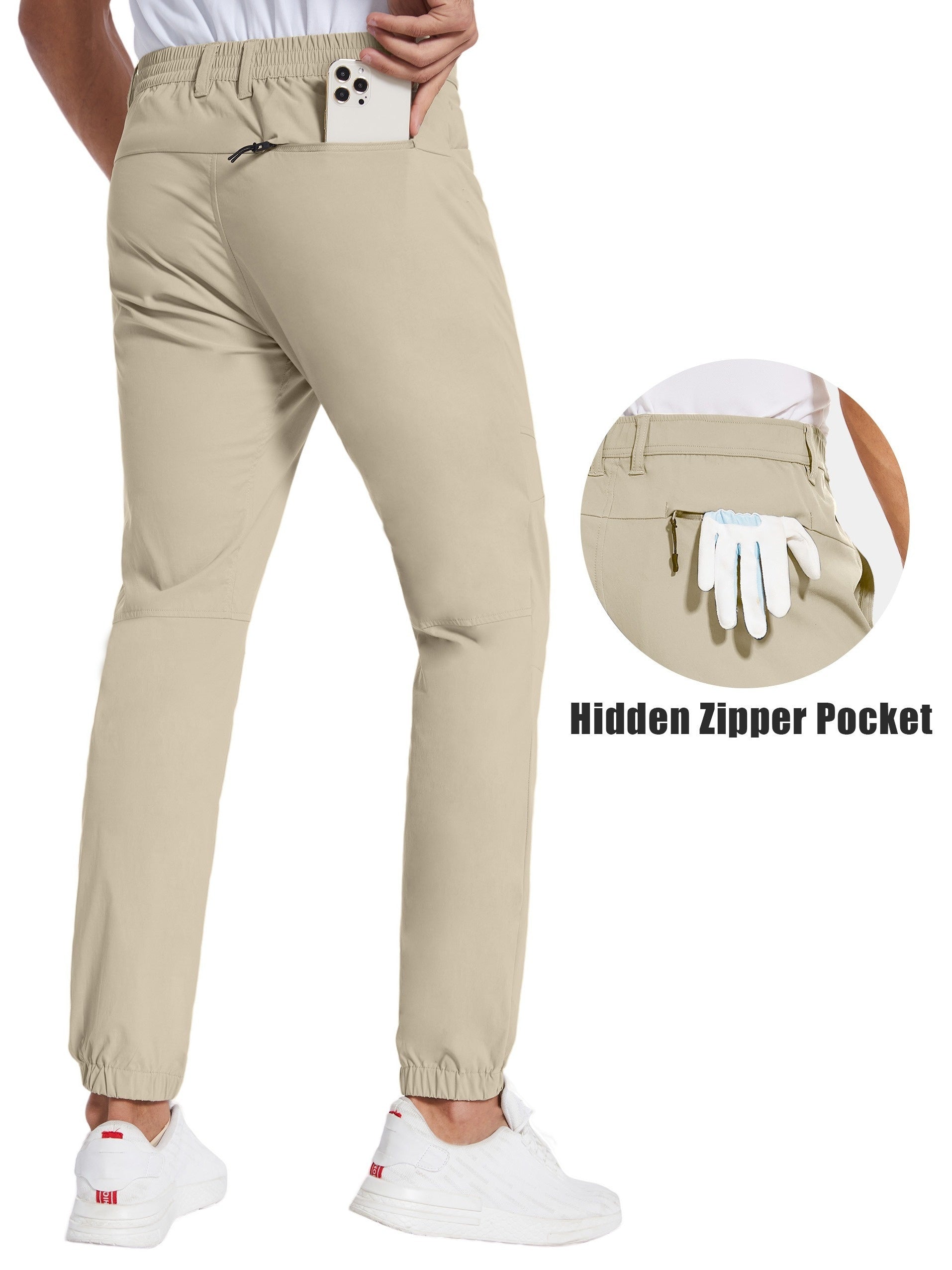 Mens Beige Stretch Hiking Pants - Water-Resistant Slim Fit Joggers with 4 Pockets  Elastic Waistband - ZOOMNSTORE