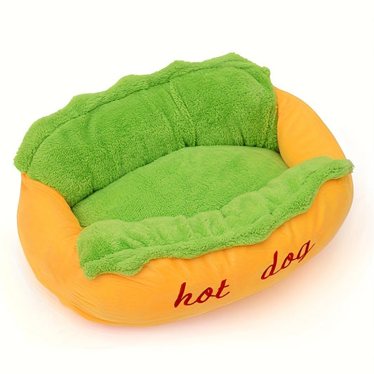 Soft Plush Hot Dog Pet Bed - Removable Cushion for Small to Medium Pets Easy to Clean Vibrant Yellow Green - ZOOMNSTORE