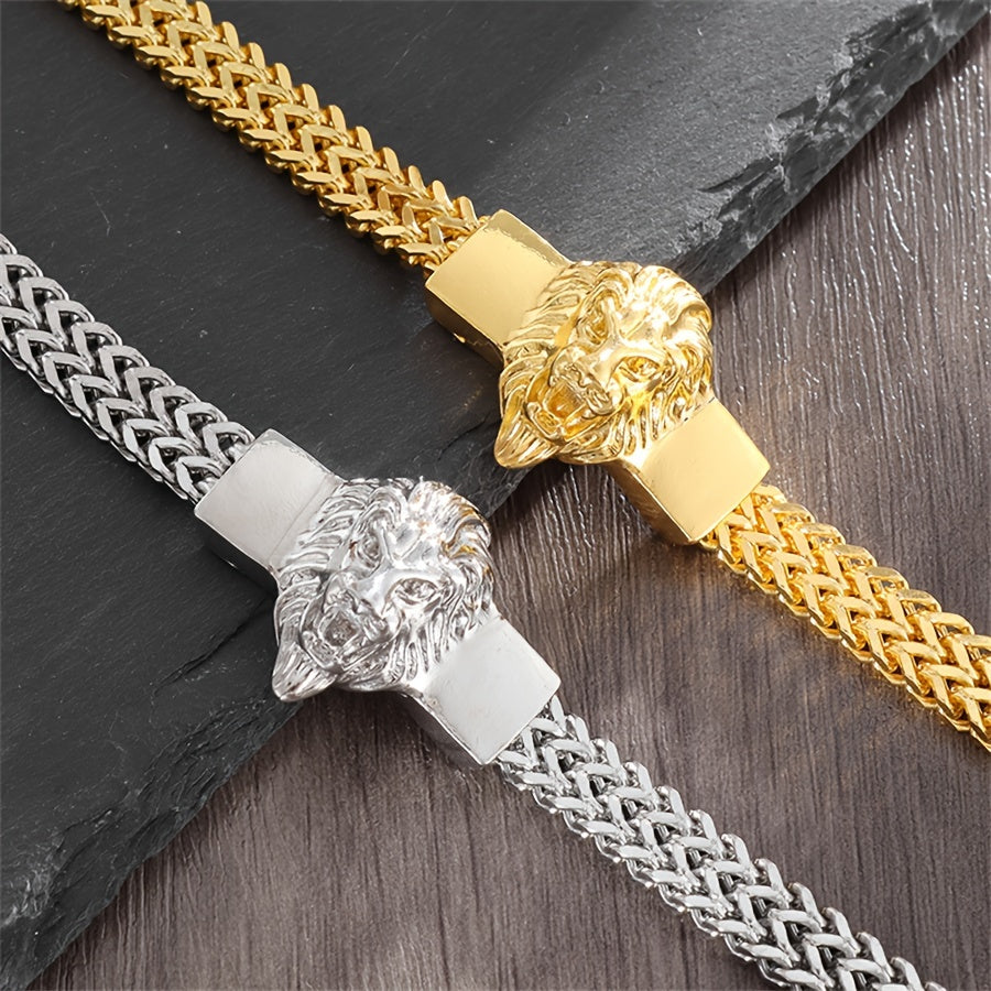 Mens Stainless Steel Lion Head Bracelet - 2PCS Hip-Hop Braided Chain Wristband - ZOOMNSTORE