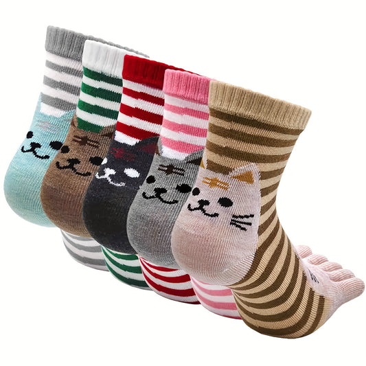 Hellomamma 5 Pairs Non-Slip Socks for Women - Novelty Cat Grip Socks, Funny Anti-Skid Design, Blend, Cartoon Pattern, Machine Washable, Comfortable & Durable for Casual Attire - ZOOMNSTORE