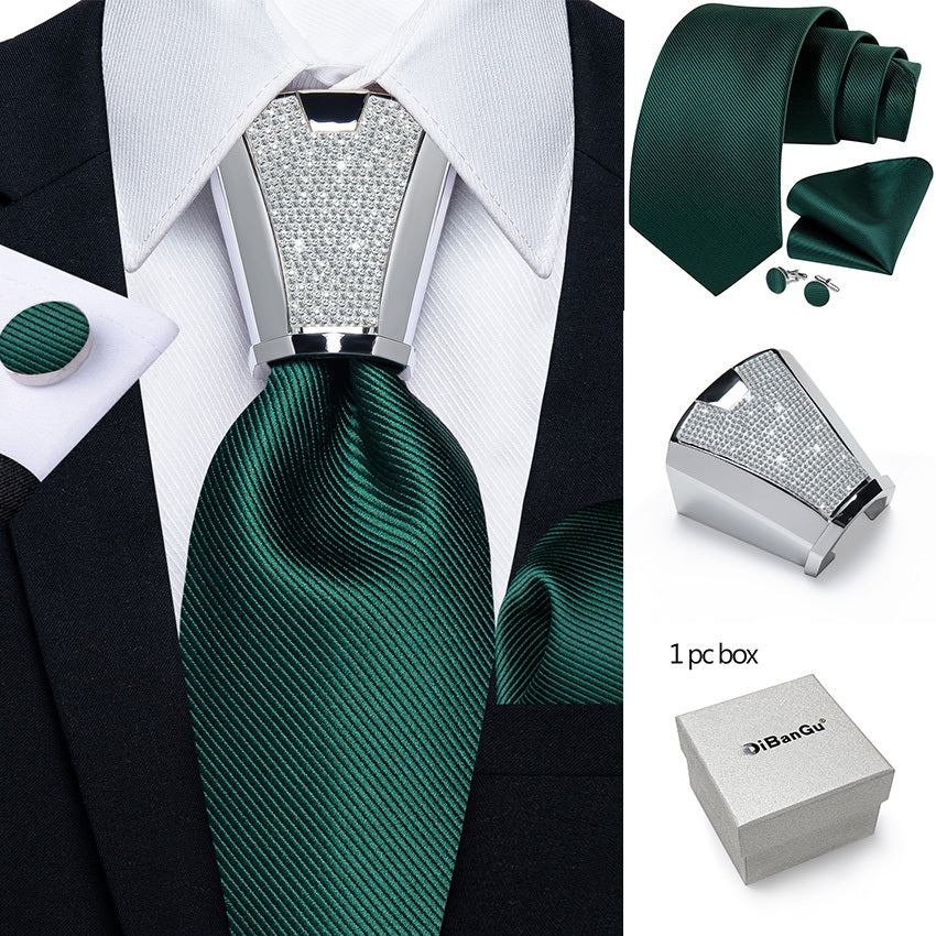 Mens Silvery Necktie Set - Necktie Ring Handkerchief  Cufflinks with Gift Box - ZOOMNSTORE