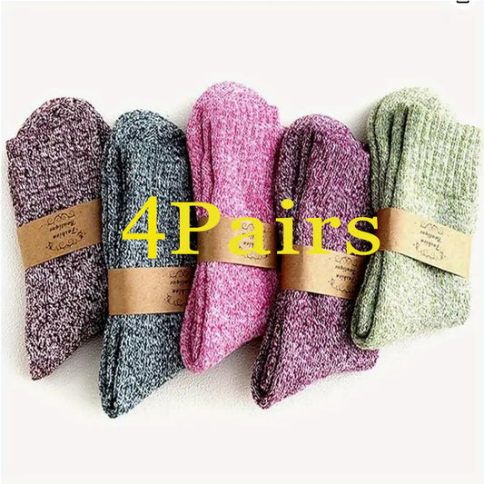 4 Pairs Women’s Warm Winter Socks - Thick Knit Ribbed Design, Soft & Cozy Polyester Blend, Perfect for Outdoor Activities & Casual Attire, Elegant Solid Colors (Purple, Gray, Pink, Green), Cute Socks - ZOOMNSTORE