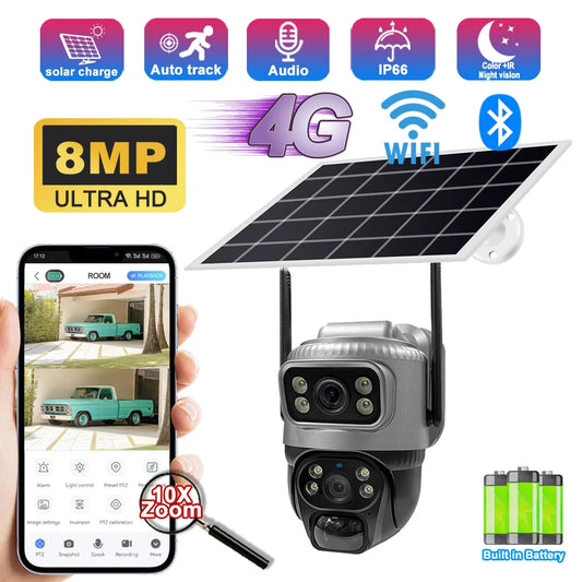 4K Solar Security Camera - 8MP Dual Lens 4G WiFi PIR Detection Night Vision Waterproof - ZOOMNSTORE