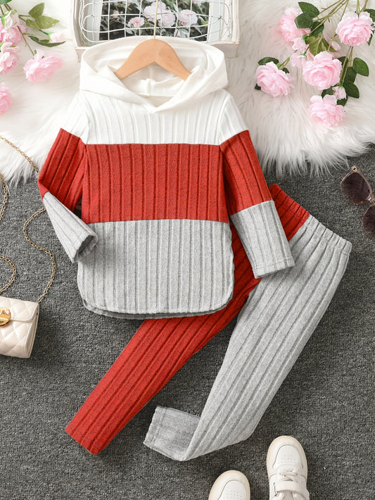 Ribbed Hoodie  Slim Pants Set - Casual Girls Outfit in Contrast Colors - ZOOMNSTORE