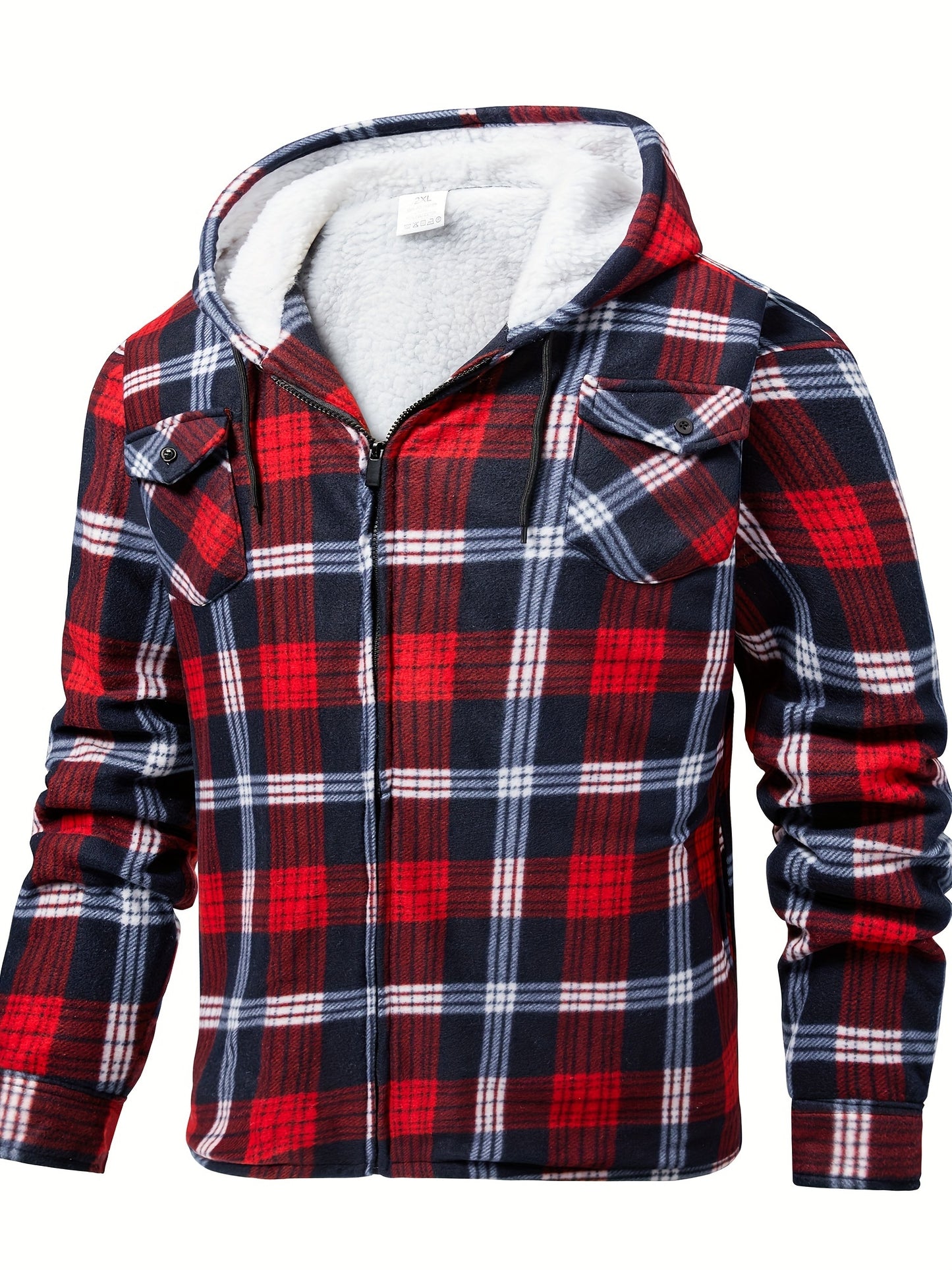Men's fleece hooded casual fashion plaid zipper jacket - ZOOMNSTORE