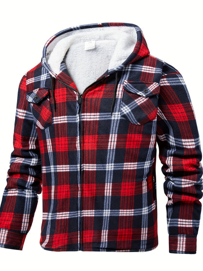 Men's fleece hooded casual fashion plaid zipper jacket - ZOOMNSTORE