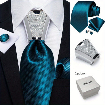 Mens Silvery Necktie Set - Necktie Ring Handkerchief  Cufflinks with Gift Box - ZOOMNSTORE