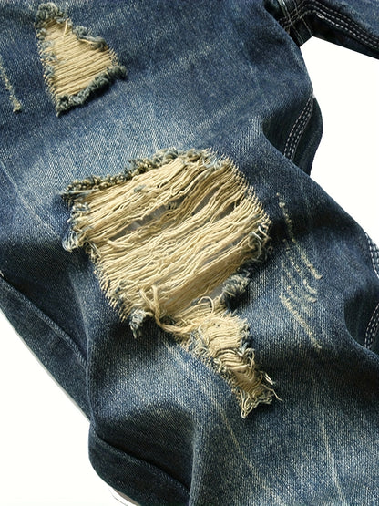 Mens Slim Fit Distressed Denim Jeans - Black with Rips All-Season Cotton Blend - ZOOMNSTORE