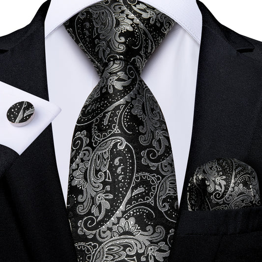 Mens Silk Gray Floral Tie Set - Includes Necktie Pocket Square  Cufflinks - ZOOMNSTORE