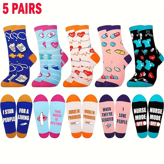 5 Pairs Nurse Themed Mid-Calf Socks - Fun, Thoughtful Gift for Nurses, Appreciation, Christmas, Birthday - ZOOMNSTORE