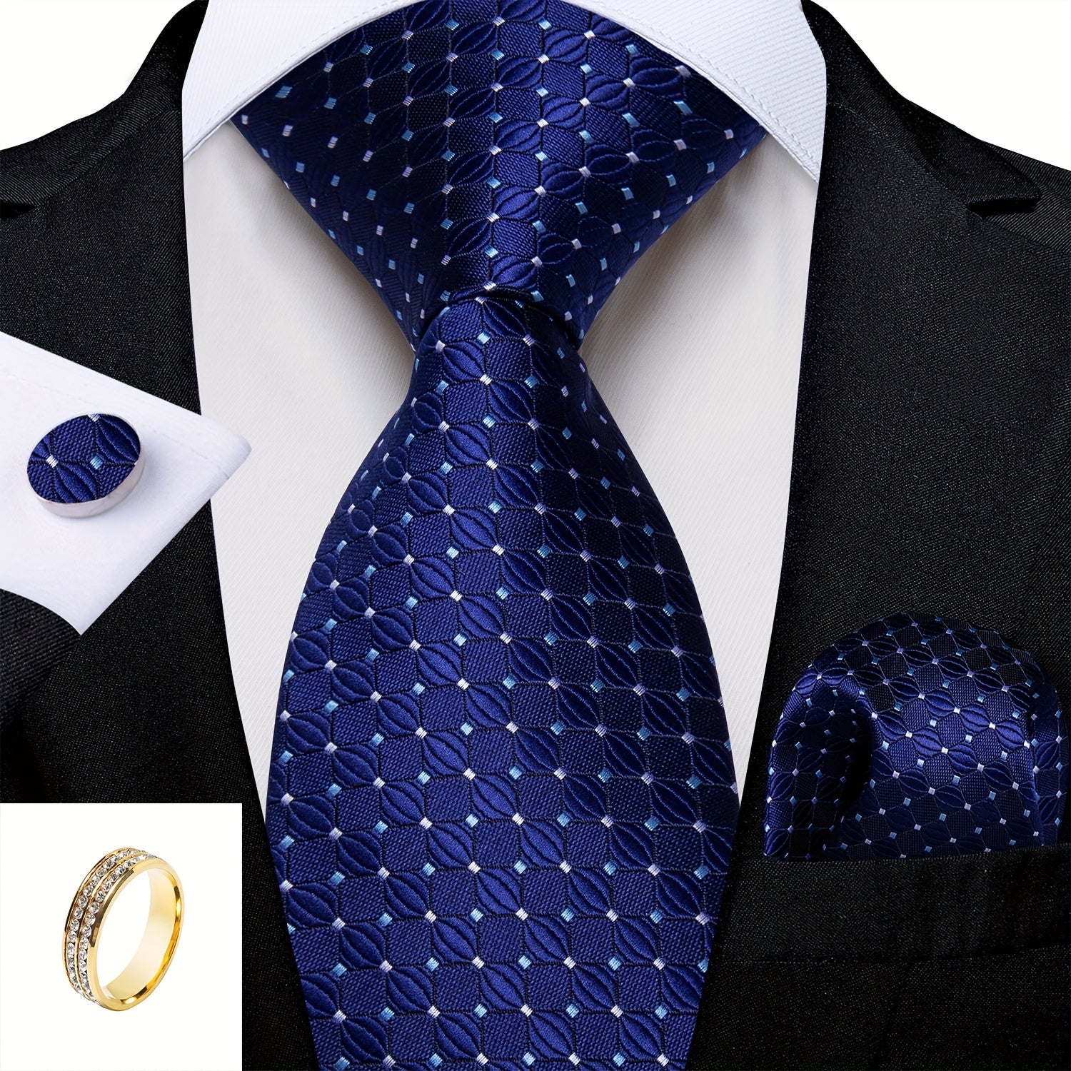 Mens Silk Tie Set - Blue Checks Necktie Pocket Square  Cufflinks for Parties - ZOOMNSTORE