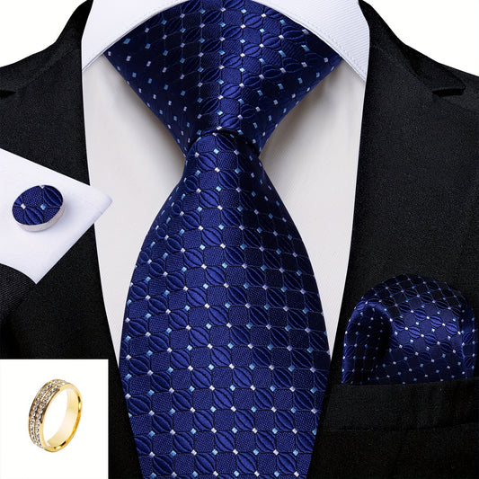 Mens Silk Tie Set - Blue Checks Necktie Pocket Square  Cufflinks for Parties - ZOOMNSTORE
