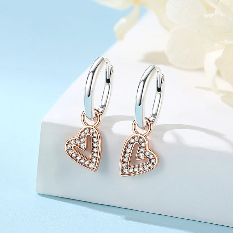 925 Sterling Silver Earrings – Crystal Zircon Studs With Rose Gold Heart & Bee Design - ZOOMNSTORE