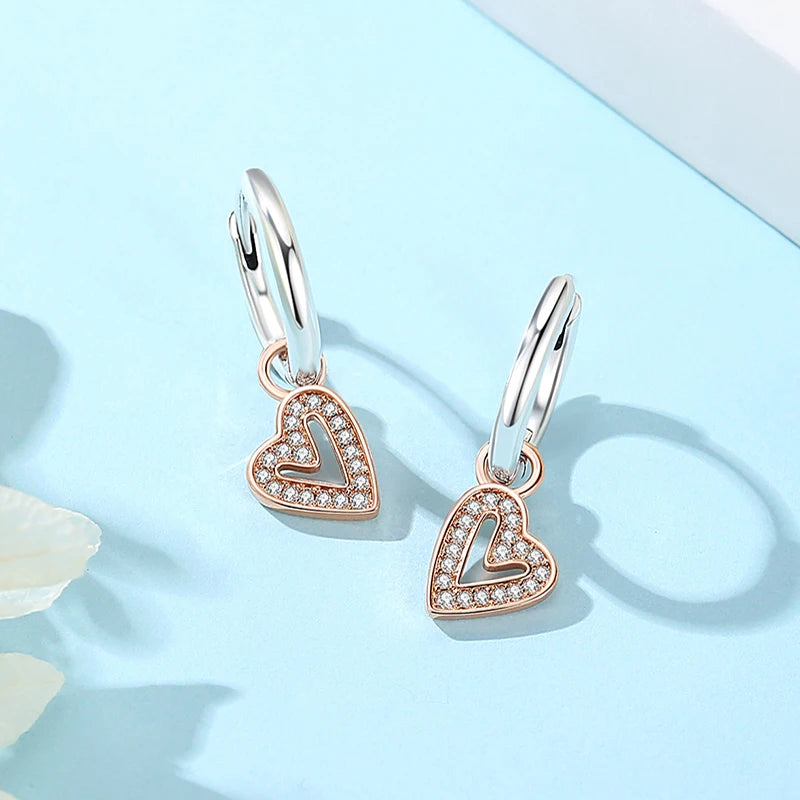 925 Sterling Silver Earrings – Crystal Zircon Studs With Rose Gold Heart & Bee Design - ZOOMNSTORE