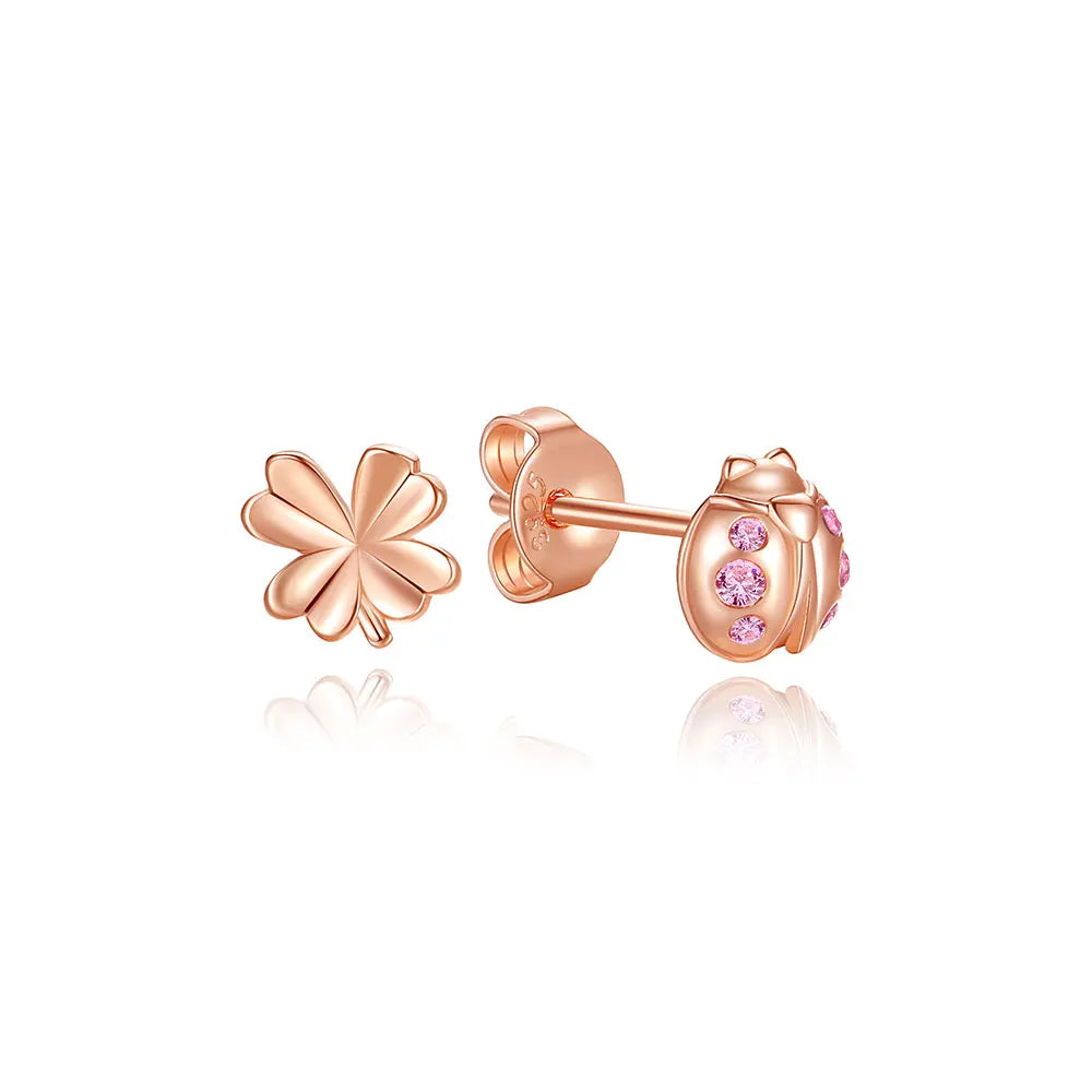 925 Sterling Silver Earrings – Crystal Zircon Studs With Rose Gold Heart & Bee Design - ZOOMNSTORE