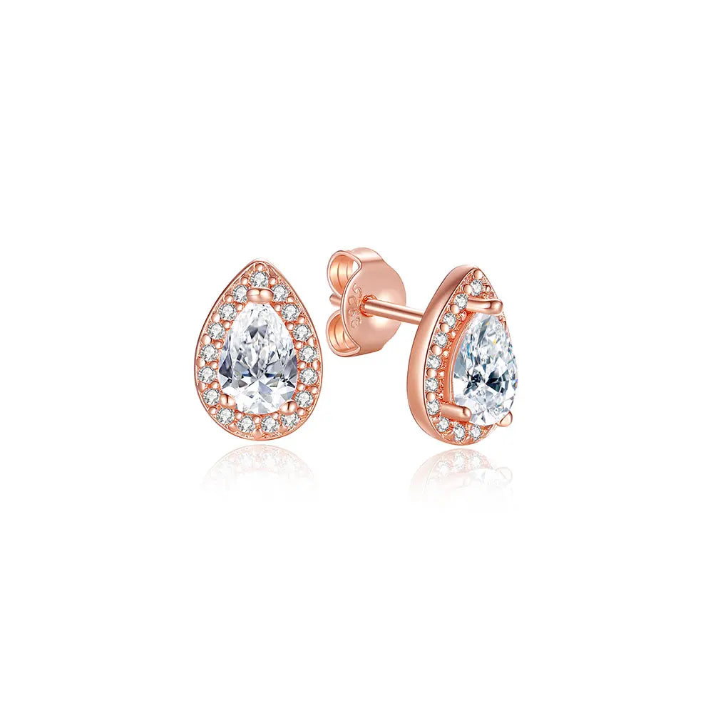925 Sterling Silver Earrings – Crystal Zircon Studs With Rose Gold Heart & Bee Design - ZOOMNSTORE