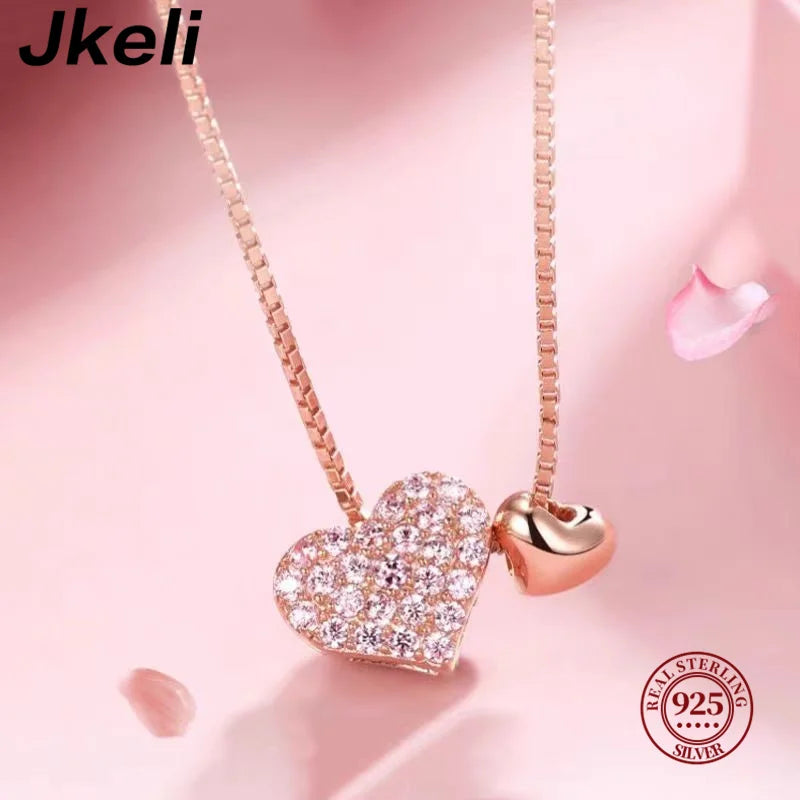 Jkeli 100% 925 Sterling Silver Charm Romantic Love Heart Pendant Box Link Chain Necklace for Women Fashion Wedding Jewelry - ZOOMNSTORE