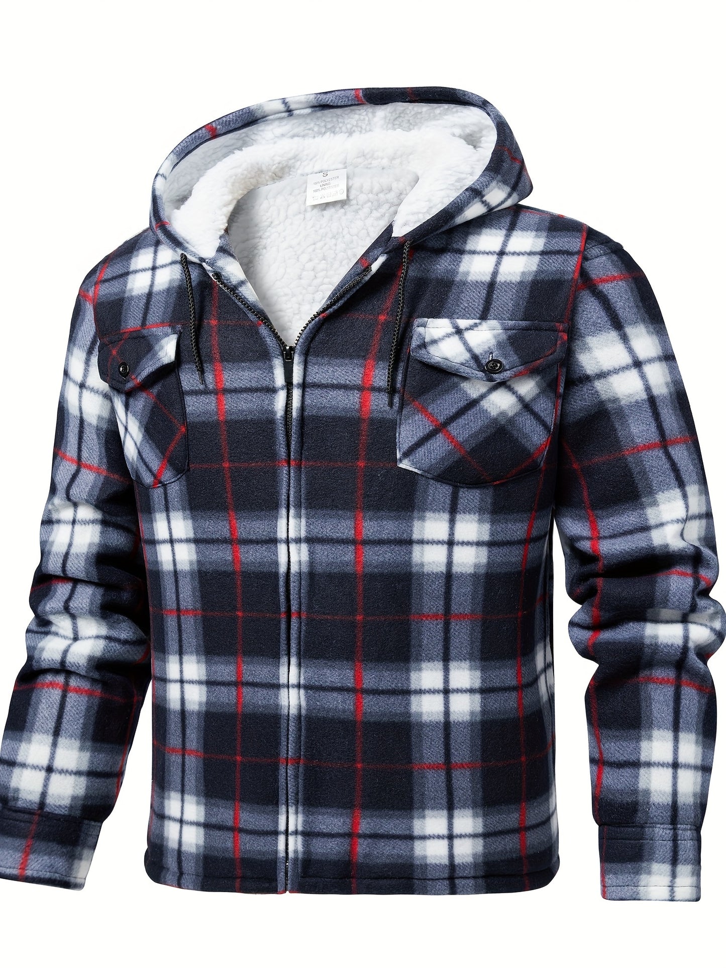 Men's fleece hooded casual fashion plaid zipper jacket - ZOOMNSTORE