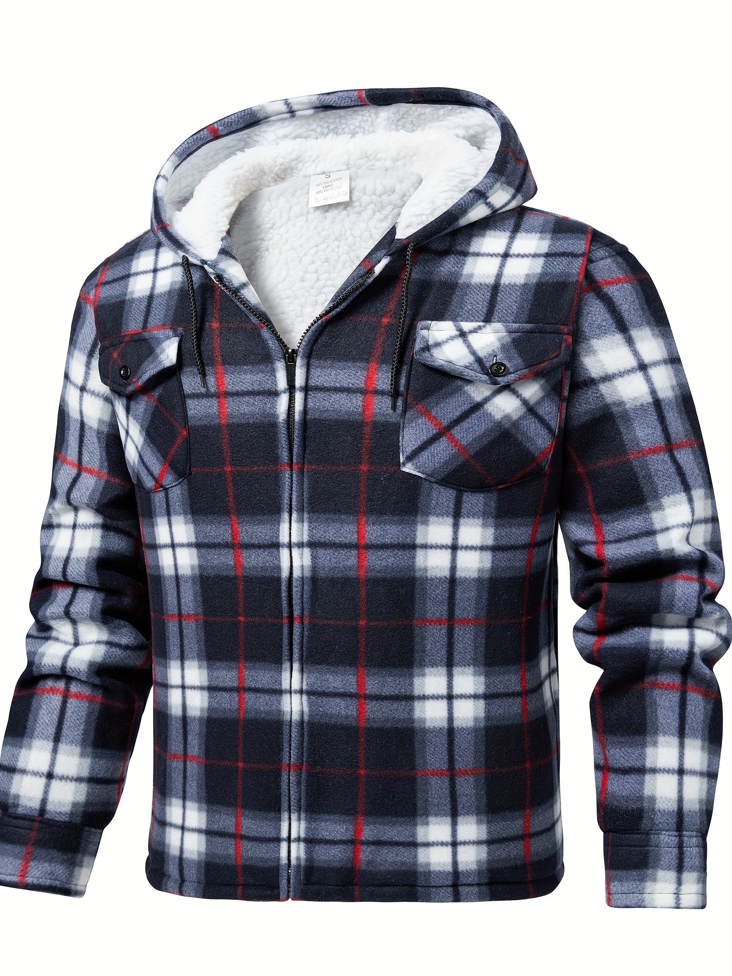 Men's fleece hooded casual fashion plaid zipper jacket - ZOOMNSTORE