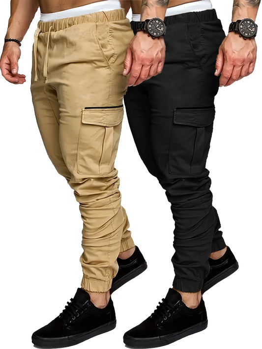 Relaxed Fit Cargo Pants - 2 Pack Twill Joggers with Elastic Waistband - ZOOMNSTORE