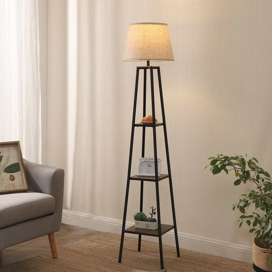 Rustic Farmhouse Floor Lamp with Multi-Tiered Shelves  Beige Linen Shade - Stylish Design for Living Room Bedroom or Office - ZOOMNSTORE