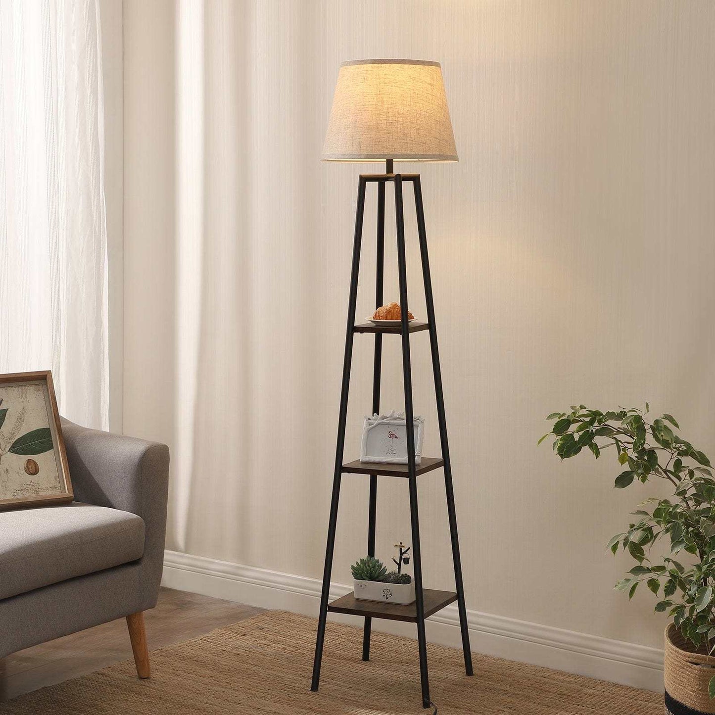 Rustic Farmhouse Floor Lamp with Multi-Tiered Shelves  Beige Linen Shade - Stylish Design for Living Room Bedroom or Office - ZOOMNSTORE