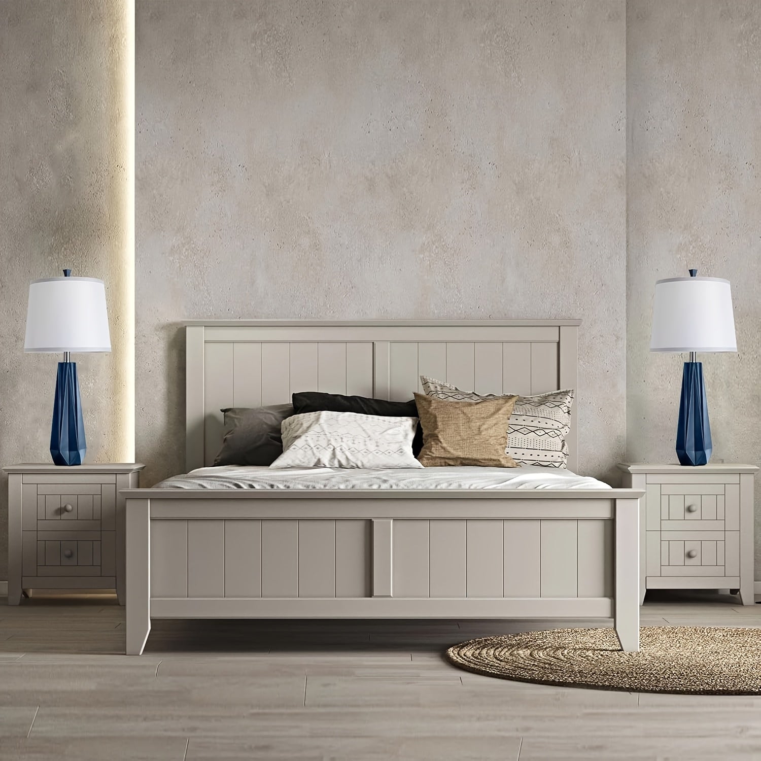 Modern Navy Blue Table Lamps - Touch Control Uplight with Linen Shade 3 Color Temperature Settings 2 Bulbs Included - ZOOMNSTORE