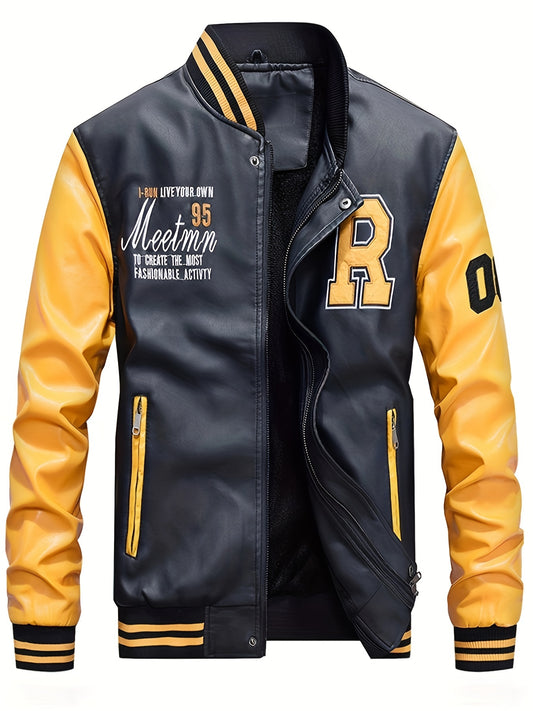 Slim Fit Mens Faux Leather Baseball Jacket - Casual Stand Collar Coat - ZOOMNSTORE