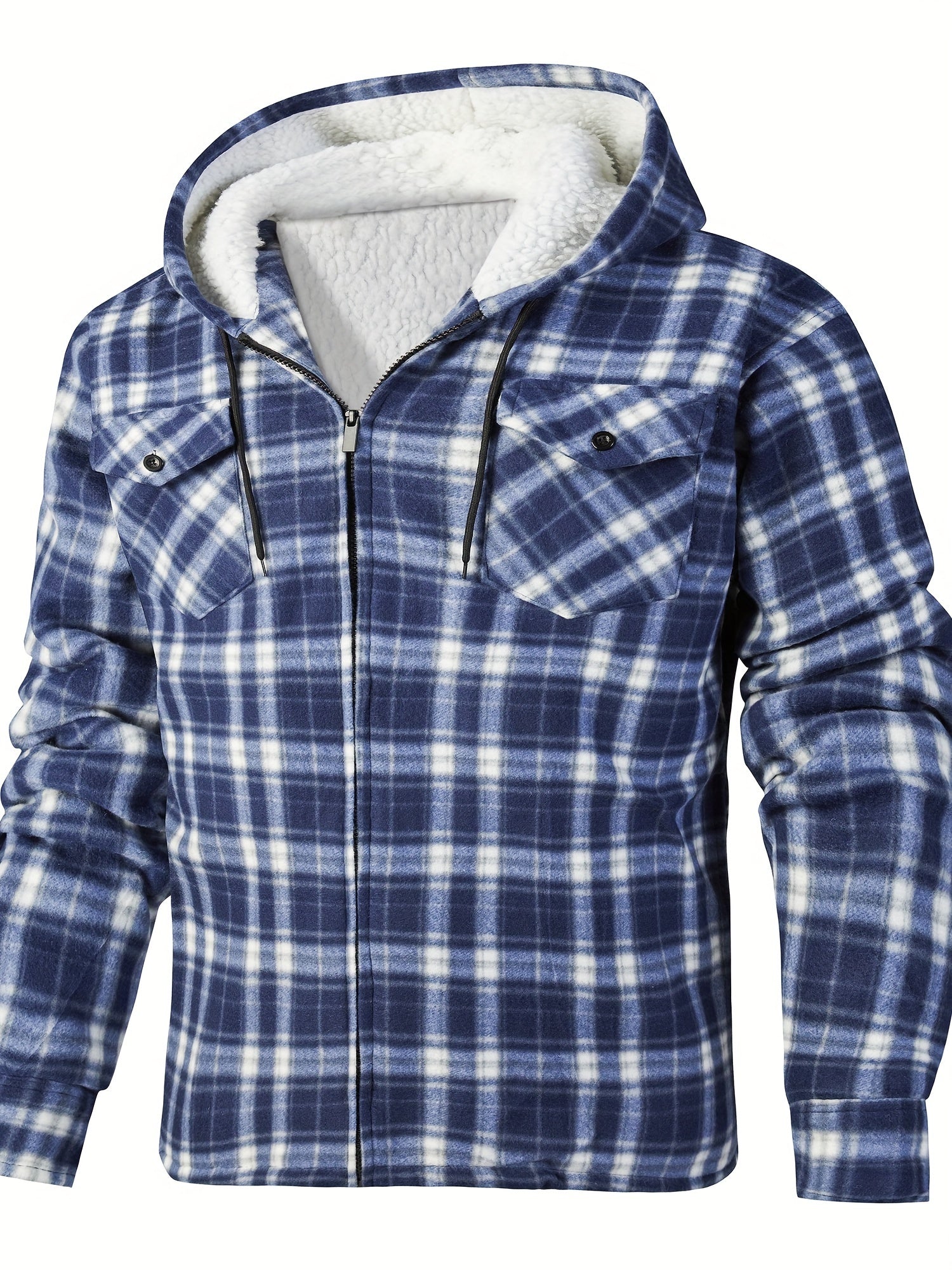 Men's fleece hooded casual fashion plaid zipper jacket - ZOOMNSTORE