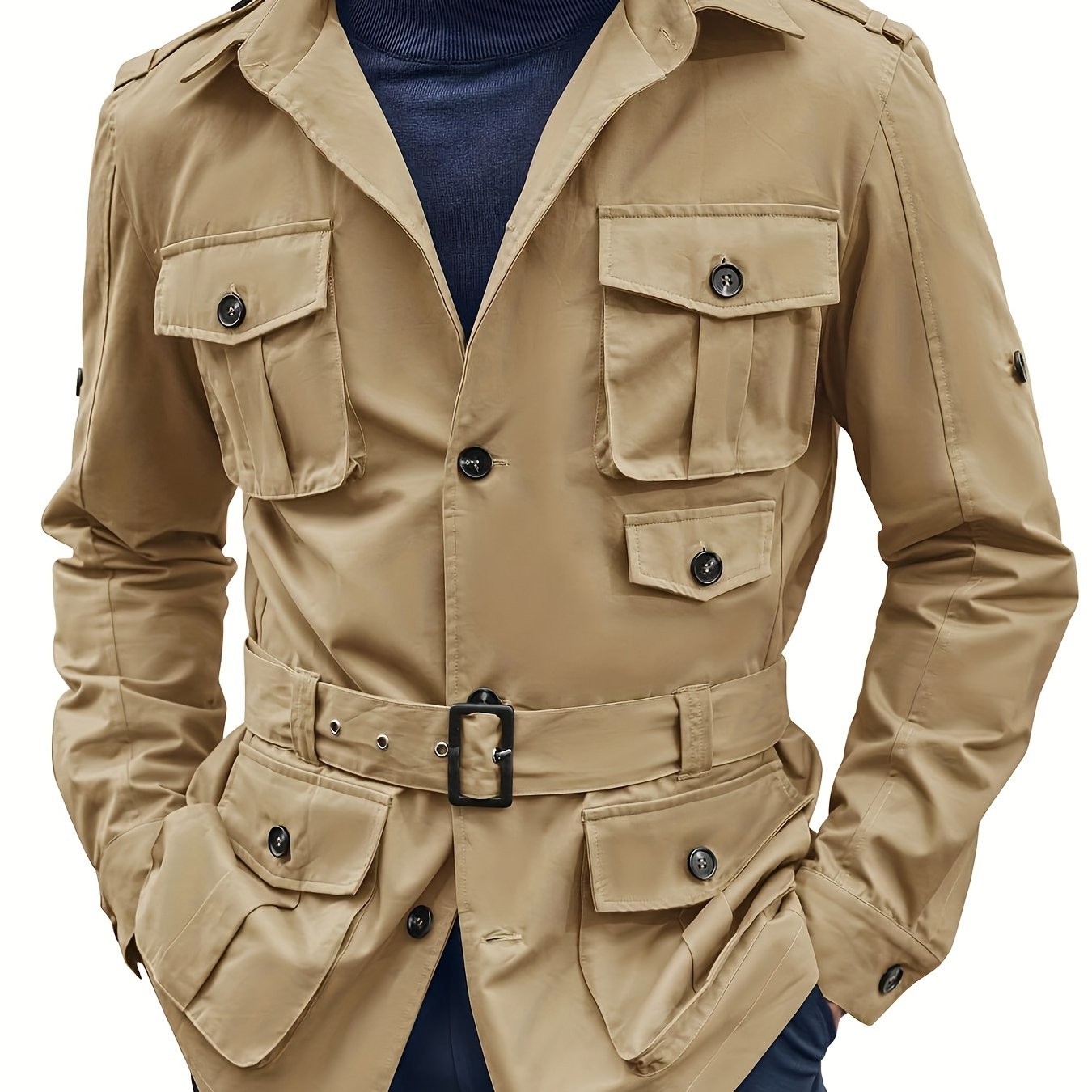 Mens Multi-Pocket Safari Jacket - Casual Outdoor Cargo Coat with Belt - ZOOMNSTORE