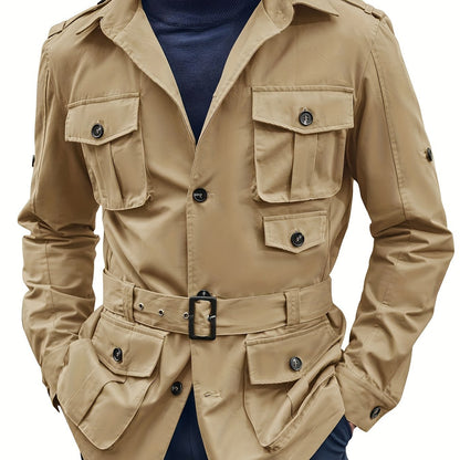 Mens Multi-Pocket Safari Jacket - Casual Outdoor Cargo Coat with Belt - ZOOMNSTORE