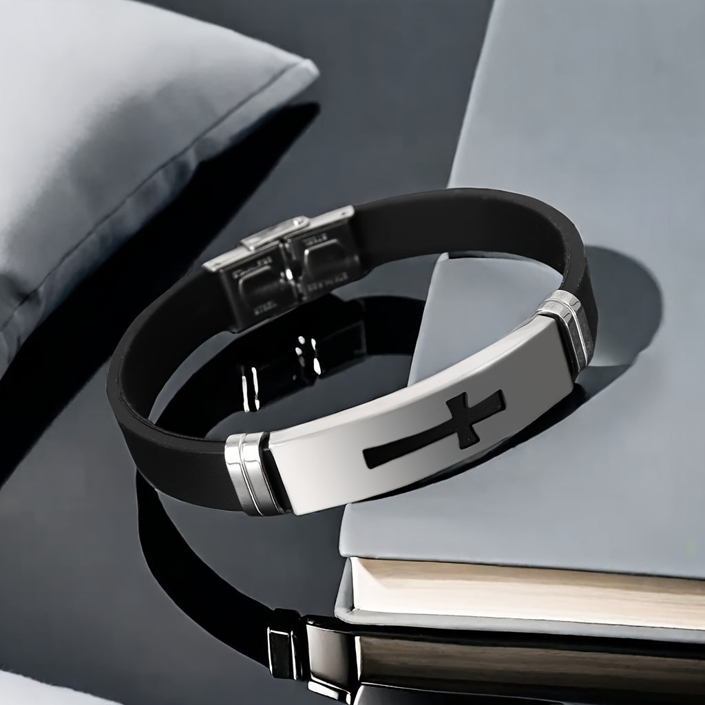 Minimalist Stainless Steel Cross Bracelet - Personalized Mens Silicone Wristband Punk Style Gift - ZOOMNSTORE