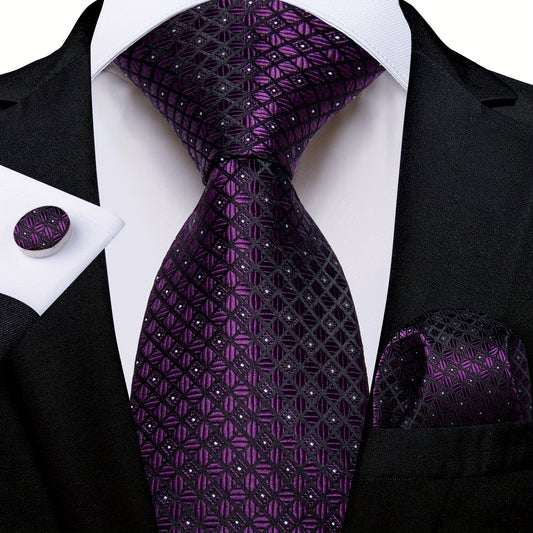 Classic Mens Silk Tie Set - Purple Check Necktie Hanky  Cufflinks - ZOOMNSTORE