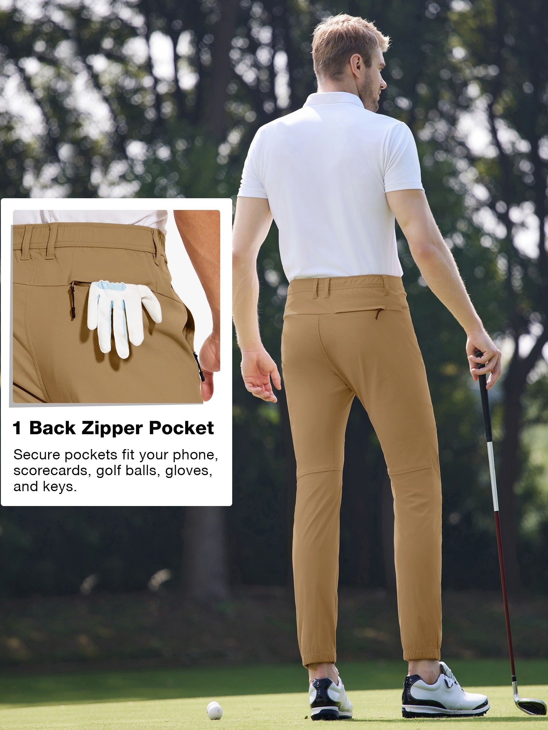 Mens Beige Stretch Hiking Pants - Water-Resistant Slim Fit Joggers with 4 Pockets  Elastic Waistband - ZOOMNSTORE