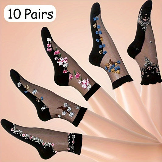 10 Pairs of Vibrant Floral Patterned Glass Socks - Soft, Breathable, and Comfortable Mid Tube Socks for Women - Perfect Stockings and Hosiery for Everyday Wear, Work, or Special Occasions - ZOOMNSTORE
