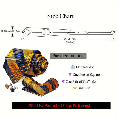 Mens Golden Plaid Tie Set - 4PCS Necktie Pocket Square Cufflinks for Weddings  Business - ZOOMNSTORE