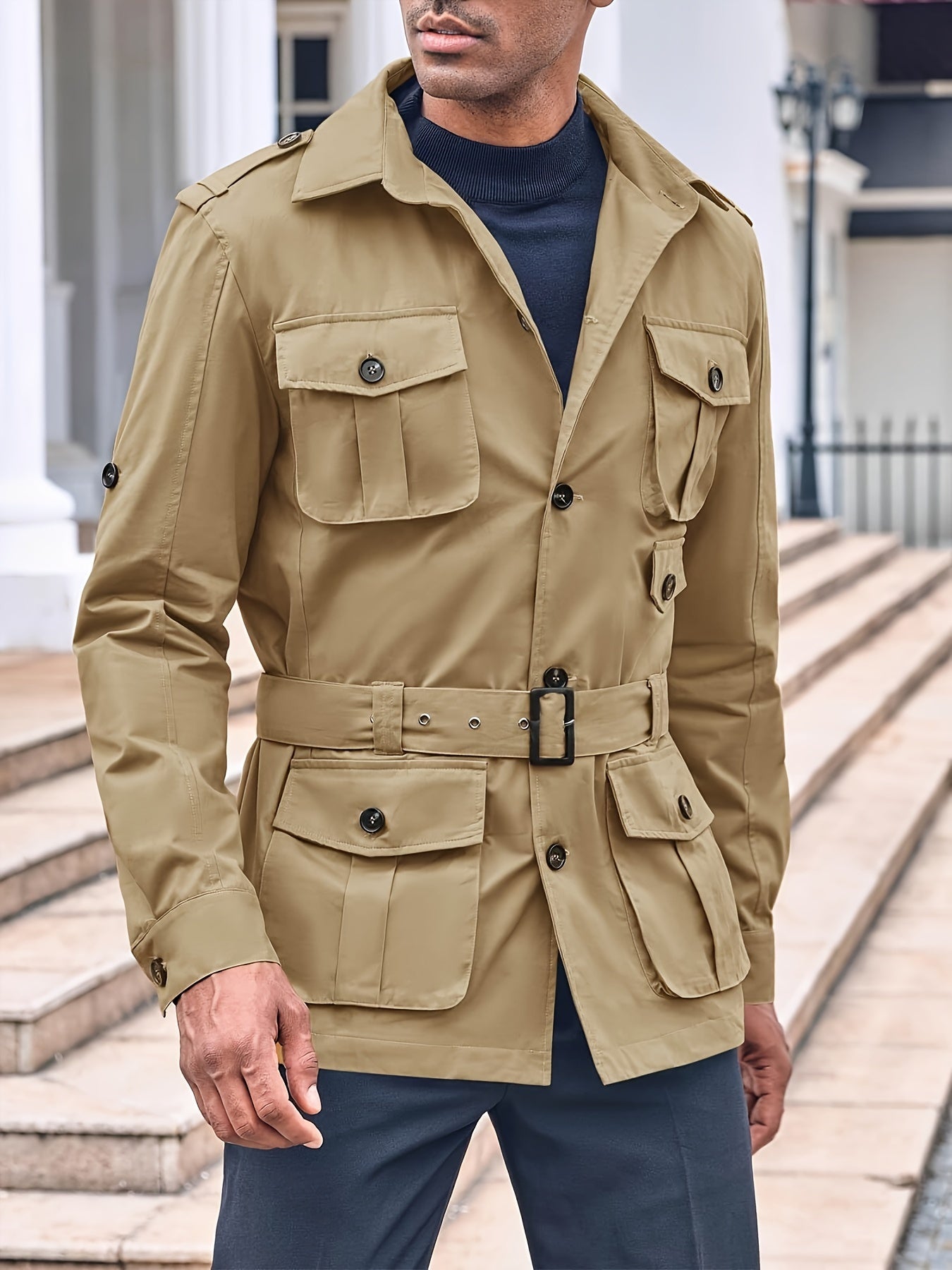 Mens Multi-Pocket Safari Jacket - Casual Outdoor Cargo Coat with Belt - ZOOMNSTORE