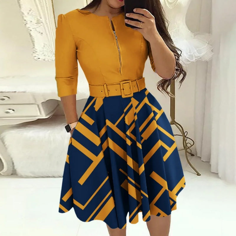 Elegant A-line Patchwork Dress - Womens AutumnWinter Party  Office Dress - ZOOMNSTORE